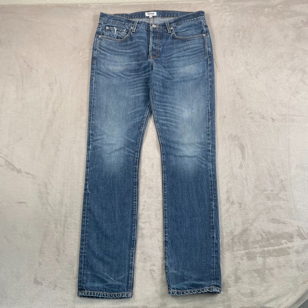 Buck Mason Slim Fit Jeans Men 34x34 Franer Blue Whiskering Denim Made in USA